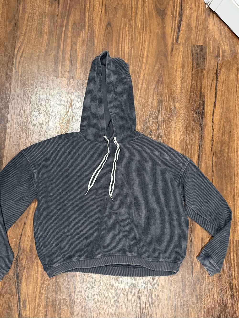 aerie Black Ribbed Hoodie with White Drawstrings